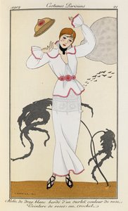 Woman is wearing a dress of white cloth trimmed with a rose-colored hem and a pink belt. She is also wearing black heels and a black necklace. Costumes Parisiens no.21 by Georges Barbier