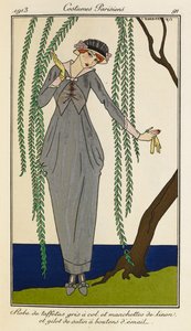 Woman wearing a taffeta dress with gray collar and cuffs of linen and a waistcoat of satin with enamel buttons. Costumes Parisiens no.39 by Georges Barbier