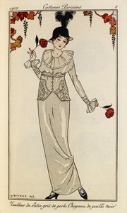 Pearl Grey Satin Dress and Black Straw Hat (Costumes Parisiens no.8) by Georges Barbier