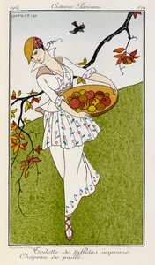 Printed Taffeta Outfit and Straw Hat. Costumes Parisiens No.179 by Georges Barbier