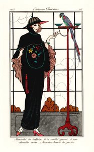 Woman in an old-taffeta cape with a parrot