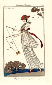 Woman in dress of printed linen playing diabolo by Georges Barbier