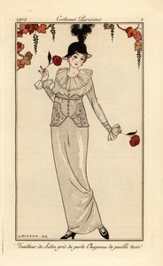 Woman in pearl-grey suit and black straw hat