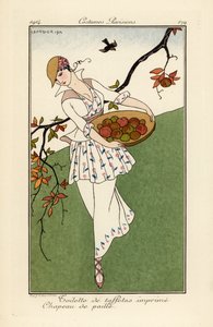 Woman in Straw Hat and Dress of Printed Taffeta by Georges Barbier