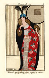 Woman in white crepe de chine dress, cape of otter and skunk fur lined with floral pattern, skull cap with plumes