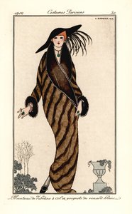Woman in zibeline coat with collar and cuffs in white fox fur by Georges Barbier