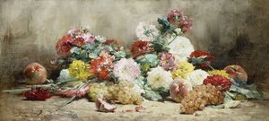 Carnations, Roses, Grapes and Peaches by Georges Jeannin