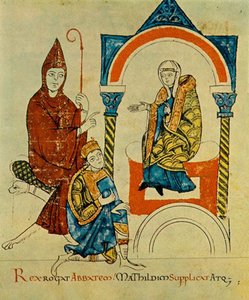 King Henry IV prays to Abbot Hugh of Cluny and pleads with Matilda of Canossa, from Vita Mathildis, c. 1115
