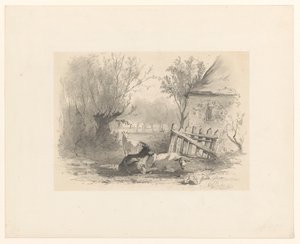 Two Goats and a Sheep by a Fence in Front of a House by Gerard Bilders