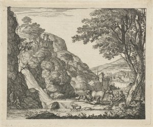 Shepherd with Animals by a Waterfall by Gerard Melder