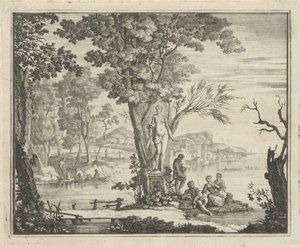 River Landscape with Anglers by a Statue of Venus by Gerard Melder