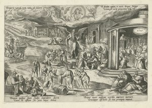 Father Time amidst scenes of works of mercy and Christian virtues by Gerard de Jode