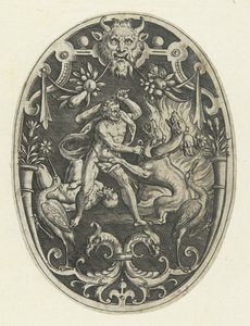 Flat Decoration: Hercules Kills the Monster Geryon (Oval Flat Decorations with the Deeds of Hercules in Grotesques) by Gerard de Jode