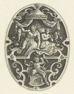 Flat Decoration: Hercules Strangles the Two Snakes in His Cradle (Oval Flat Decorations with the Deeds of Hercules in Grotesques) by Gerard de Jode
