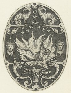 Flat Decoration: The Death of Hercules (series title: Oval Decorations with the Deeds of Hercules in Grotesques) by Gerard de Jode