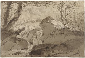 Mountain Landscape with Waterfall Among Trees, Along Which a Shepherd Leads His Flock