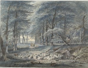 Forest View with a Shepherd and Sheep and Three Figures