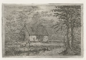 Couple with Dog by Barn, The Barn of the Forester in The Hague by Gerardus Emaus de Micault