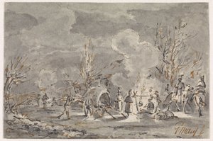 Military Camp with Soldiers Around Campfire by Gerardus Emaus de Micault