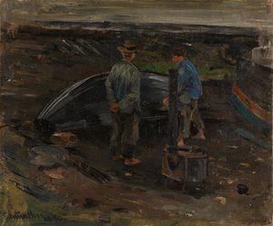 Boys Tarring a Boat, Nevlunghavn by Gerhard Munthe