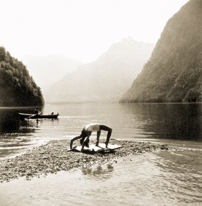 Eva Braun in Her Bathing Suit Exercising at Koenigssee by German Photographer