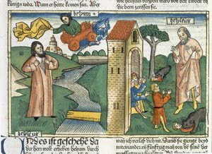 2 Kings 2:1-24 Elijah ascends to Heaven in a whirlwind and the boys who mocked Elisha are eaten by bears, from the Nuremberg Bible