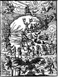 A Sabbath Ceremony, a Goat Representing the Devil is in the Centre, Surrounded by Witches and Demons. German Engraving of the 16th Century