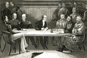 A conference at Chusan between Commodore Bremer and Chang, a Chinese official, on board the HMS Wellesley, 4th July 1841