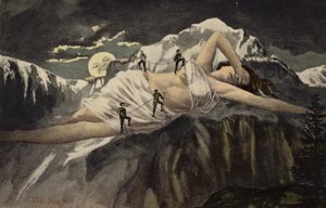 A naked woman on a mountainside being climbed by mountaineers while the moon looks on