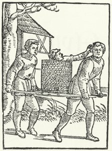 A woodcut of a scene from the story of Till Eulenspiegel by German School