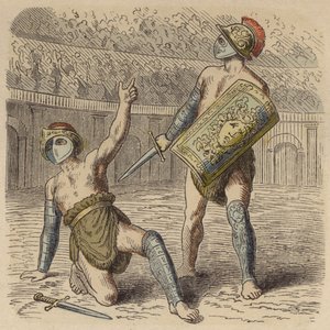 A wounded Roman gladiator pleading to the crowd for his life
