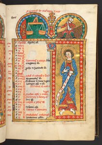 September. 12 Calendar pages in gold and colours, with architectural frames each containing a sign of the Zodiac, an apostle and a labour of the month. Psalter. Illuminated Psalter with a Calendar, Canticles and Litanies for the use of nu