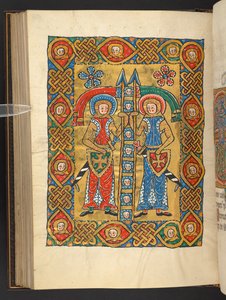 Two military saints, with the heads of others
