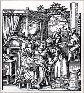 Astrologers Casting a Horoscope for the Child Being Born to a Woman in a Birth Chair, from De Conceptu et Generatione Hominis by Jacob Rueff, Published in Frankfurt, 1587