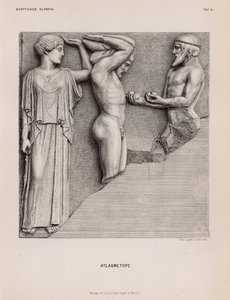 Atlas bringing Heracles the Apples of the Hesperides in the presence of Athena, metope from the Temple of Zeus, Olympia, Greece