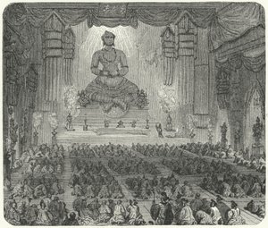 Buddhists Worshipping in a Monastery in Peking (engraving)