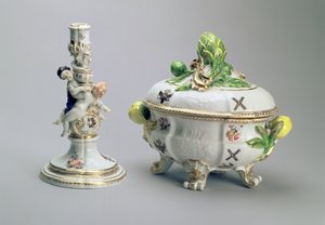 Candlestick and covered bowl from the St. Andrew Service, Meissen, 1744-5