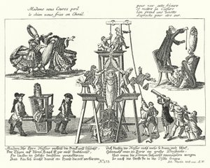 Caricature on the excessively tall wigs worn by fashionable women in the 18th Century