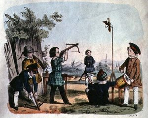 Children shooting a target with an arquebuse, c.1860 by German School