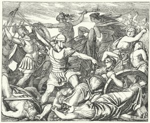 Cimbrian Women Defending Their Baggage Train Against Attacking Roman Soldiers, Late 2nd Century AD (engraving) by German School