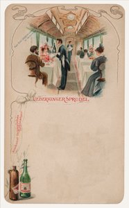 Dining car on a train, advertisement for Ueberkinger Sprudel table water