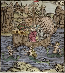 The Trojan heroes Aeneas and his companions cross a sea full of sirens (xylography by Sebastian Brant) by German School