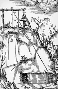 Engraving from De re metallica (On the nature of metals), by Georgius Agricola, published in Basel by German School