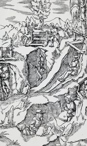 Engraving from De re metallica, by Georg Pawer or Georgius Agricola, published in Basel by German School