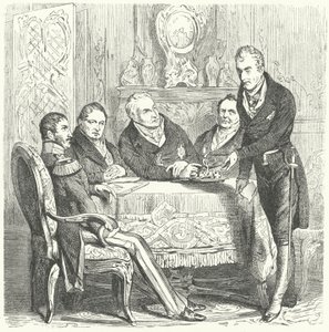 Frederick William III of Prussia in discussions with his Prime Minister, Karl August von Hardenberg and Klemens von Metternich, the Austrian Foreign Minister