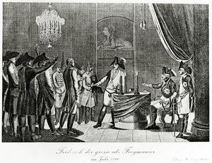 Frederick the Great receives his brother-in-law, Frederick, Margrave of Brandenburg-Bayreuth as a Freemason in Berlin in 1740 by German School