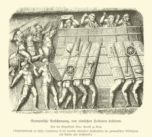 Germanic fortification under attack by Roman soldiers by German School