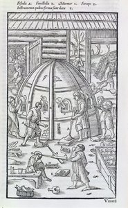 Glassworks, illustration showing the marble furnace and glass blowers by German School
