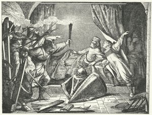 Hartmann of Siebenich disguised as Frederick Barbarossa to enable the Emperor to escape from Susa, Italy by German School