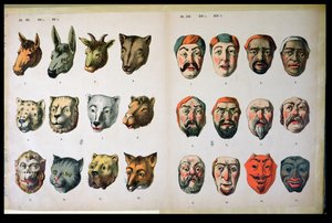 Human and animal carnival masks, page from a manufacturers catalogue from Mannebach, Thuringe, Germany, c.1865 by German School